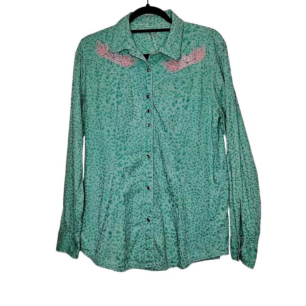 Wrangler L Western Shirt Green Pink Embroidered Leopard Pearl Snap Long Sleeve